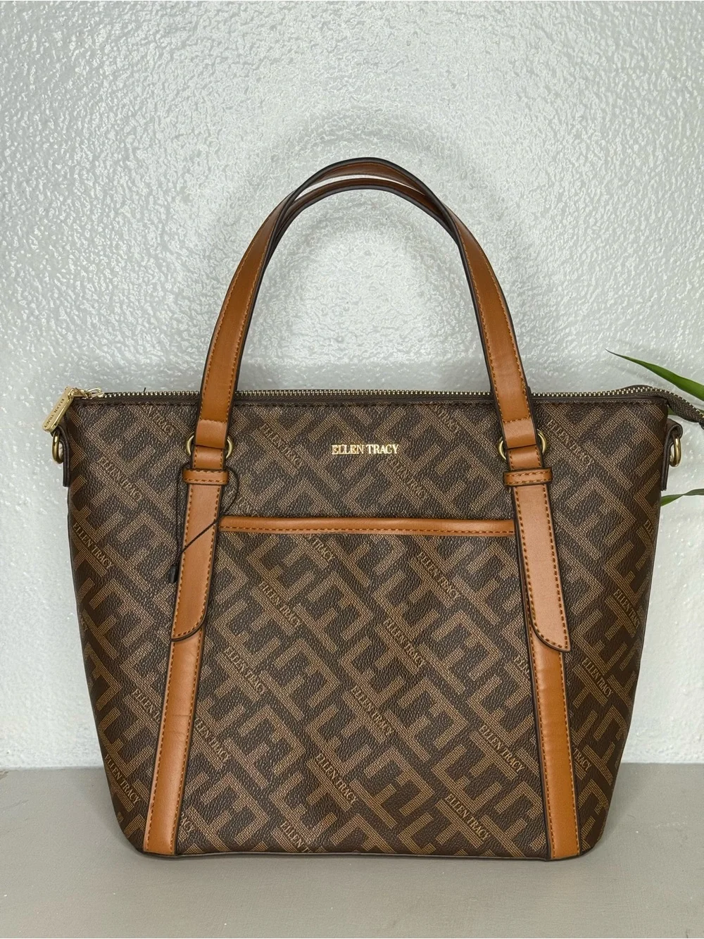 Ellen Tracy - Brown Monogram Tote with Tan Trim Brand New Bag